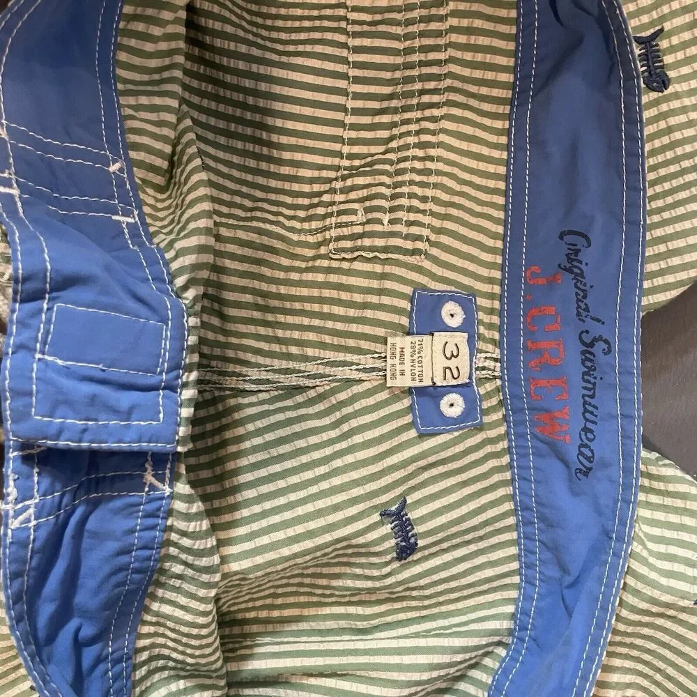 J Crew Swim Shorts Sz 32 Green Striped Seersucker Fish Embroidered Trunks
